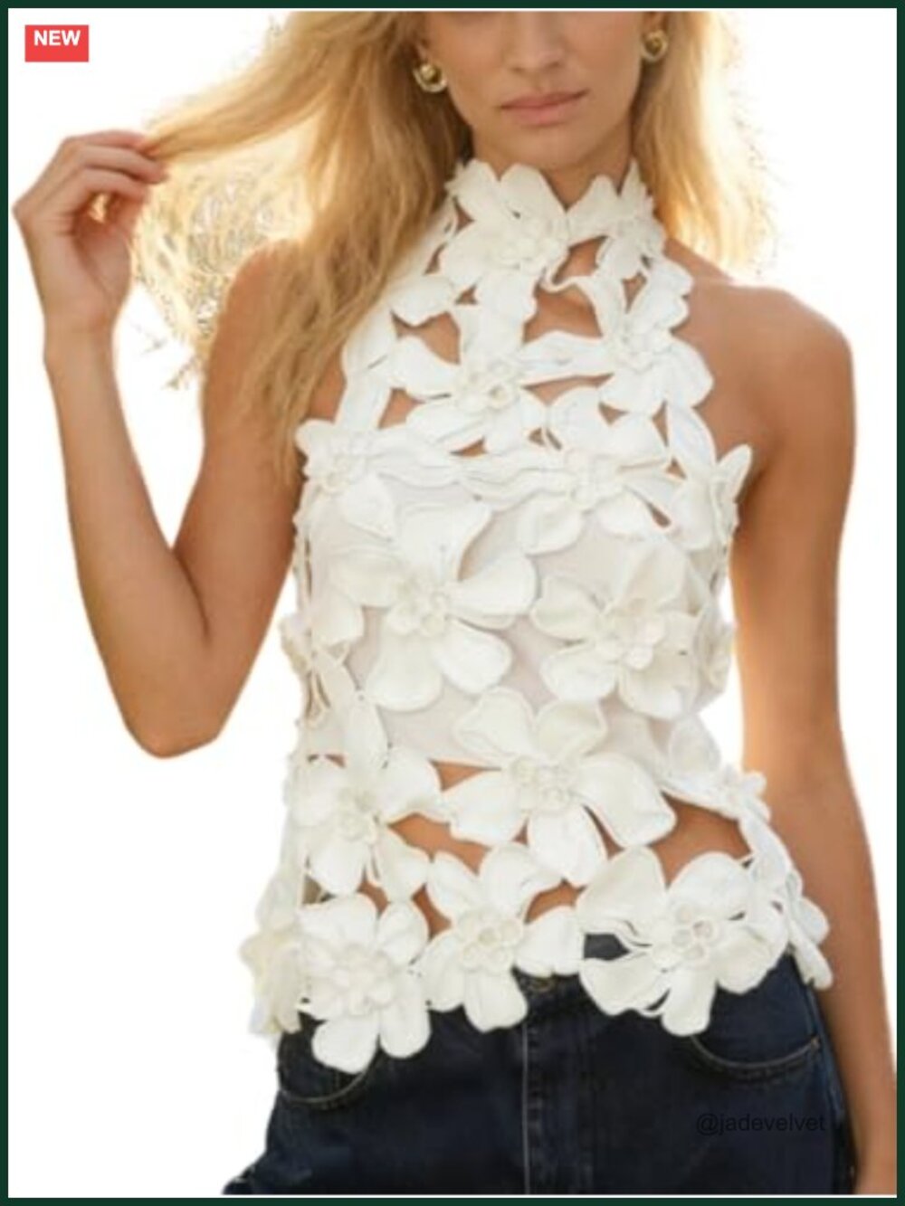 Women Hollow Out Floral Embroidered Backless Mock Neck Halter Tank Top Y2k Crop